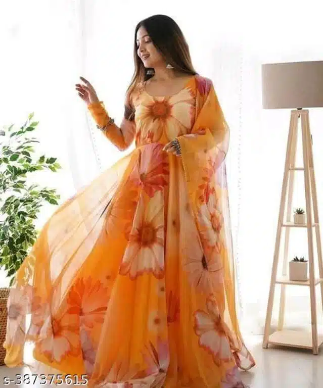 Georgette Printed Gown with Dupatta for Women (Orange, S)