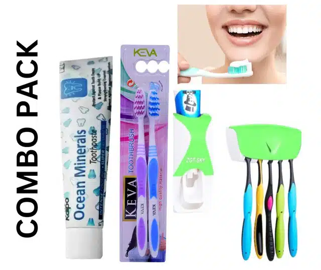 Ocean Minerals Toothpaste (100 g) with 2 Pcs High Quality Toothbrushes, Automatic Toothpaste Squeezer & Brush Stand Combo (Set of 4, Multicolor)