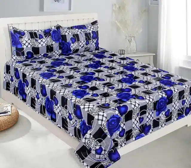Polycotton Double Bedsheet with 2 Pillow Cover (Blue, 86X88 inch) (Sh-04)