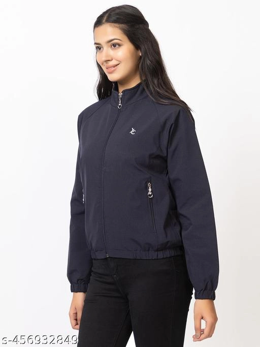 Cotton Blend Full Sleeves Jacket for Women (Navy Blue, L)