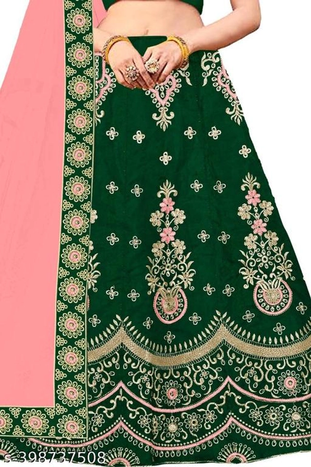 Satin Embroidered Lehenga with Choli & Dupatta for Girls (Green & Pink, 2-3 Years)