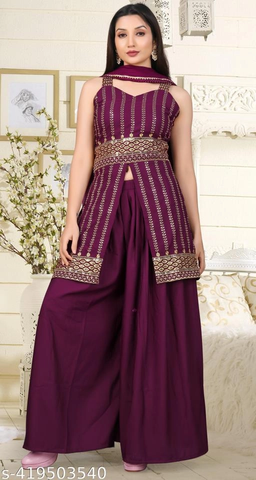 Rayon Embroidered Kurti with Sharara & Dupatta for Women (Purple, S)