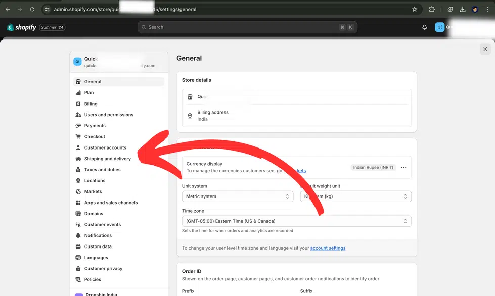 Step 2: On the left side, select 'Shipping and delivery'.