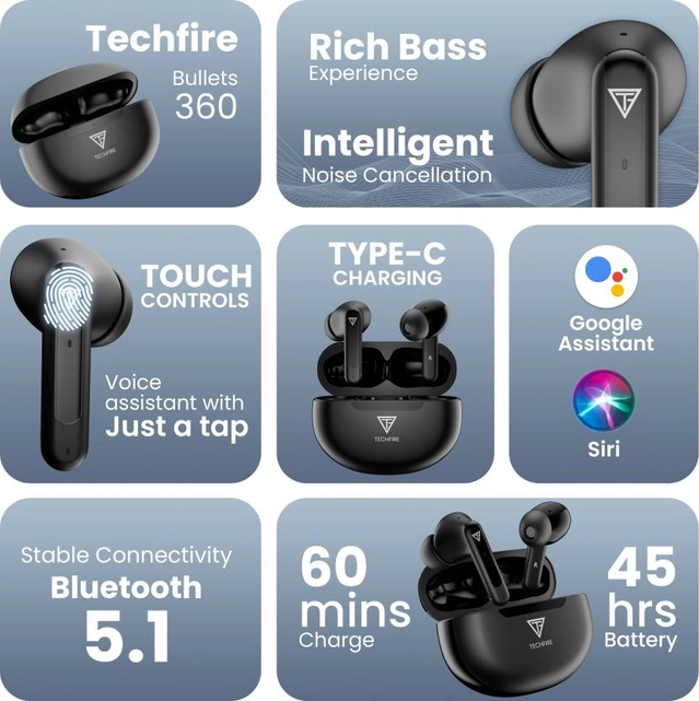 TECHFIRE Bullets 360 TWS Earbuds with 100 HRS Playtime,(50ms Low Latency), Bluetooth v5.3 Bluetooth (Carbon Black, True Wireless)