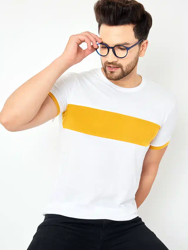 Men's Color Blocked Casual T-shirt (White, L)