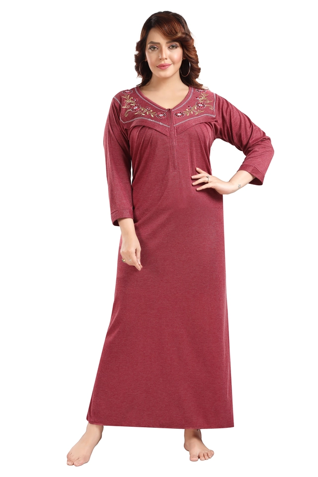 Hosiery Printed Nightdress for Women (Maroon, M)