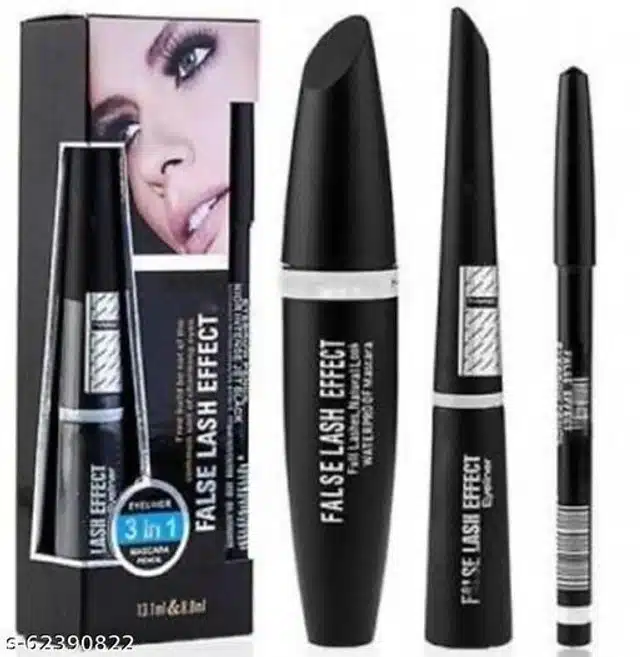 Mascara with Eyebrow Pencil & Eye Liner (Black, Set of 3)