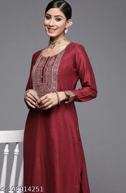 Silk Blend Embroidered Kurti for Women (Maroon, XS)