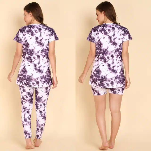 Polyester Printed T-Shirt with Trouser & Shorts Nightsuit Set for Women (White & Purple, S)