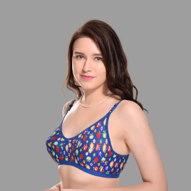 Hosiery Printed Non-Padded Bra for Women (Blue, 28)