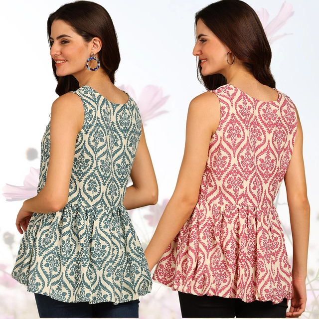 Rayon Printed Flared Top for Women (Teal & Pink, S) (Pack of 2)