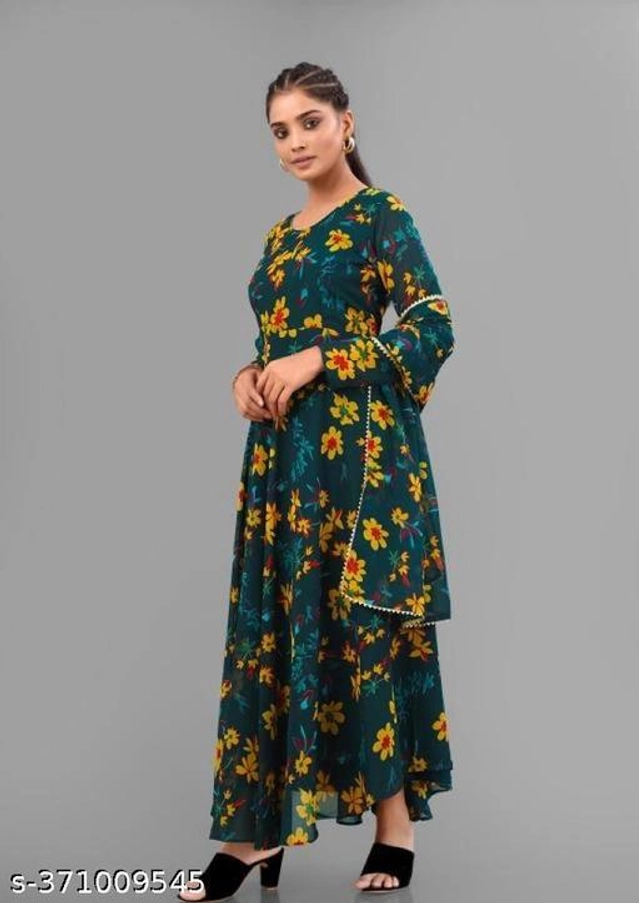 Georgette Printed Gown with Dupatta for Women (Bottle Green, S)