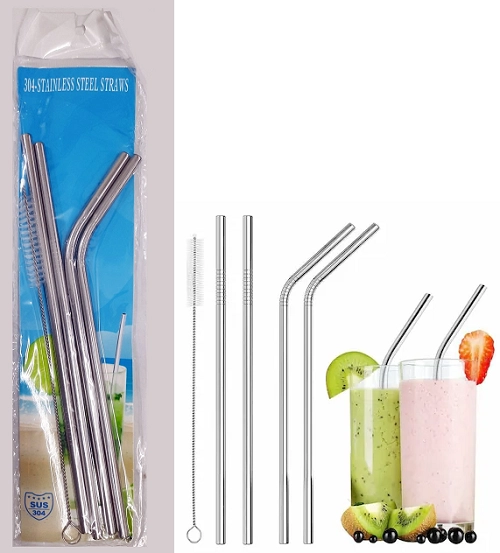 Stainless Steel Straw with Cleaning Brush (Silver, Set of 5)