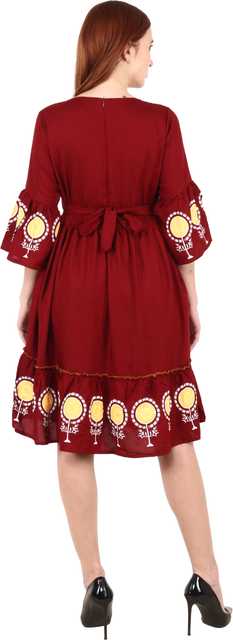 Stylish New Cotton Rayon Blend Women Printed Kurti Dress (Maroon, M) (ITN-119)
