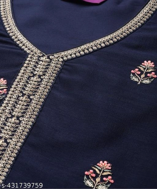 Silk Blend Embroidered Kurti for Women (Navy Blue, XS)