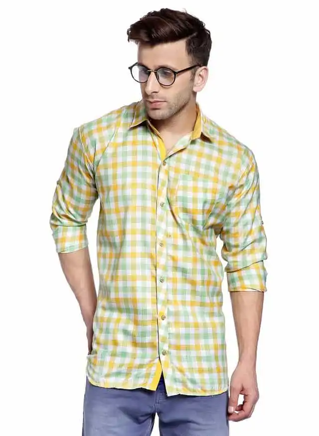 हैंगअप मेंस कैज़ुअल चैकेरड कॉटन स्लिम शर्ट (फुल स्लीव), Yellow, साइज- 42 (516_Check_Shirt_42)