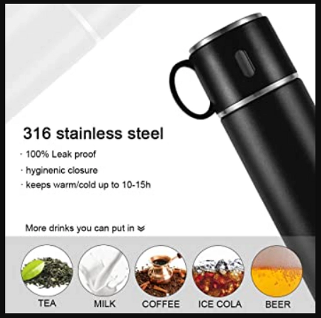 Stainless Steel Vacuum Flask Set with 2 Steel Cups (Assorted, 500 ml)