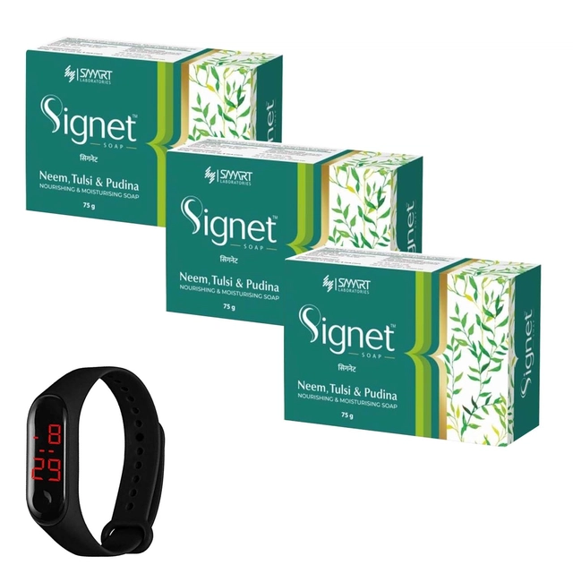 Signet 3 Pcs Neem, Tulsi & Pudina Bathing Soap (75 g) with Digital Watch (Black) (Set of 2)