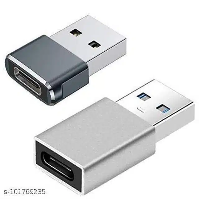 Metal Type C to USB A Connector for Charging (Silver & Black, Set of 2)