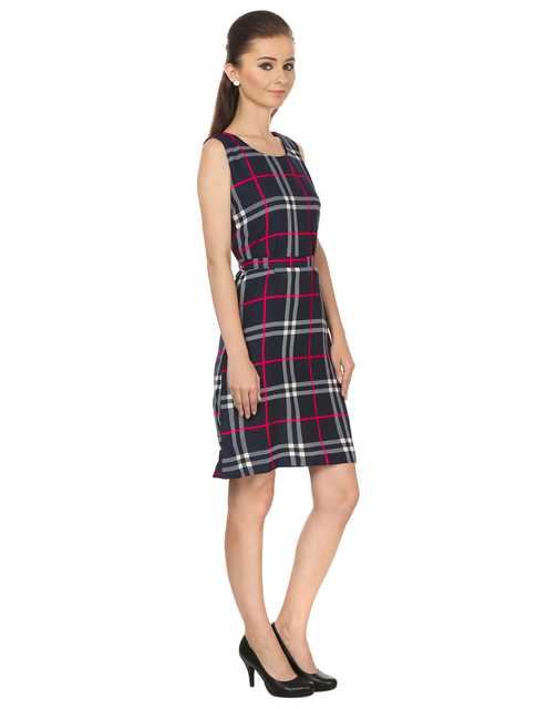 Women's Checkered A-line Knee Length Shift Dress (Blue, 3XL) (MS_0001)
